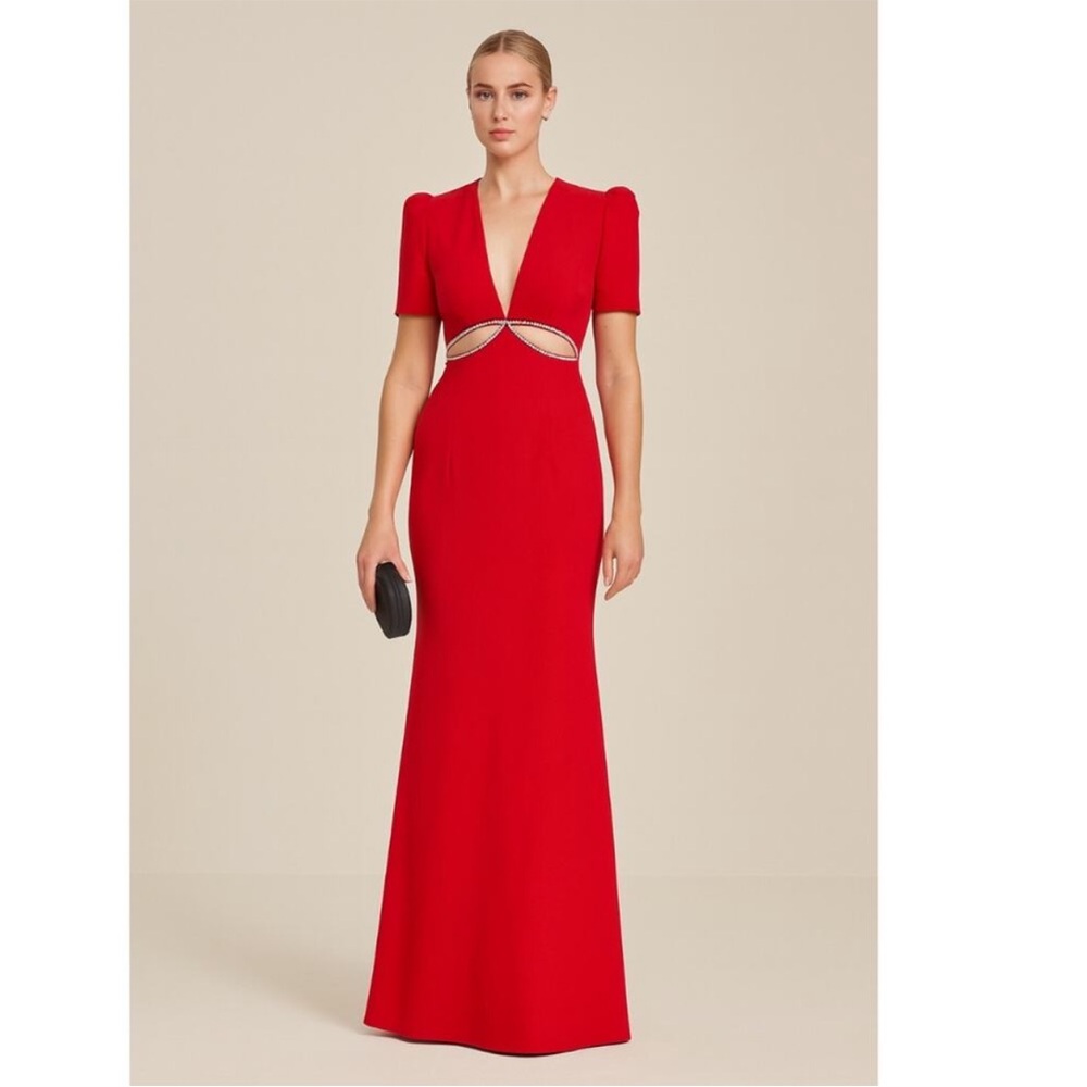 Mac Duggal Ieena NWT Plunge Neck Puff Sleeve Cut Out Gown 4 Red Beaded Sequins